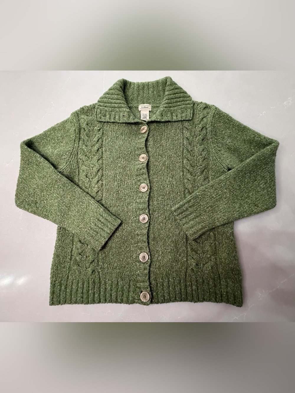 L.L. Bean Olive Green Cable-Knit Shawl Collar Cardigan